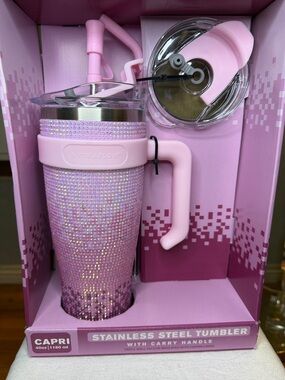 Pink Crystal Stainless Steel Tumbler with Handle